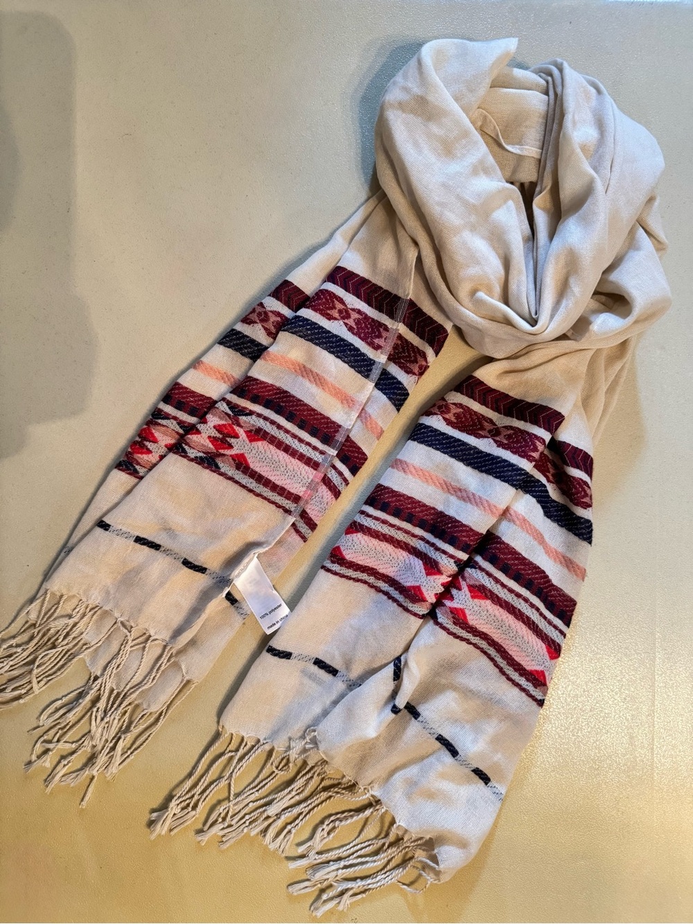 Maurices Cream Scarf with Red, Navy & Pink Tribal Stripes